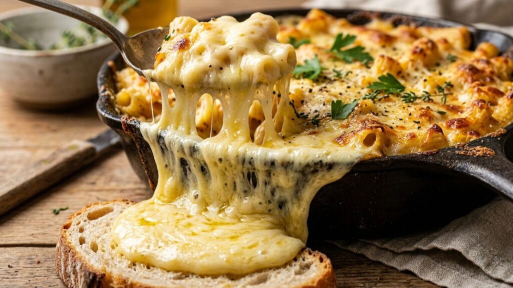 Melted halal cheese oozing from dish.