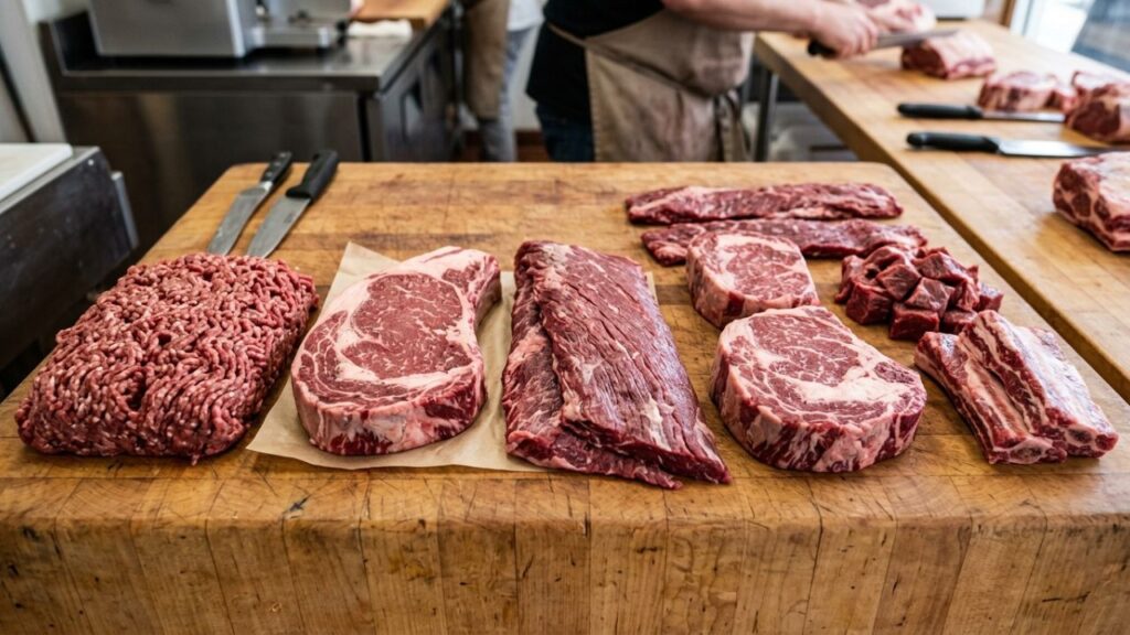 Beef being browned in a skillet with onions and spices