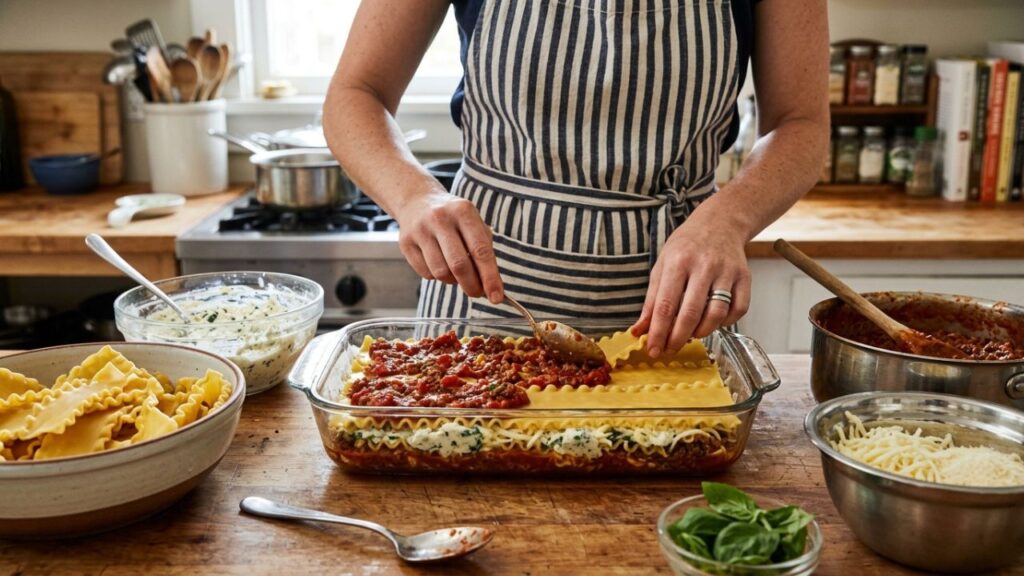 Layering San Giorgio lasagna recipe with noodles, sauce, and chees
