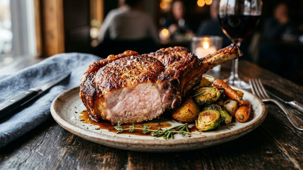 Roasted Mangalitsa pork chop with golden-brown crust and tender interior.