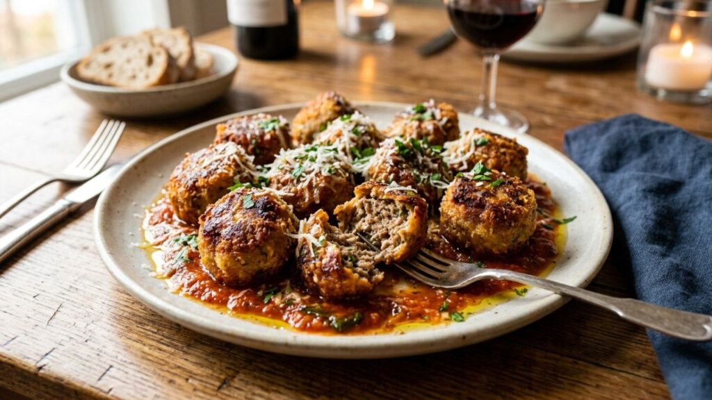 Perfectly balanced meatballs with crispy exterior and juicy interior.