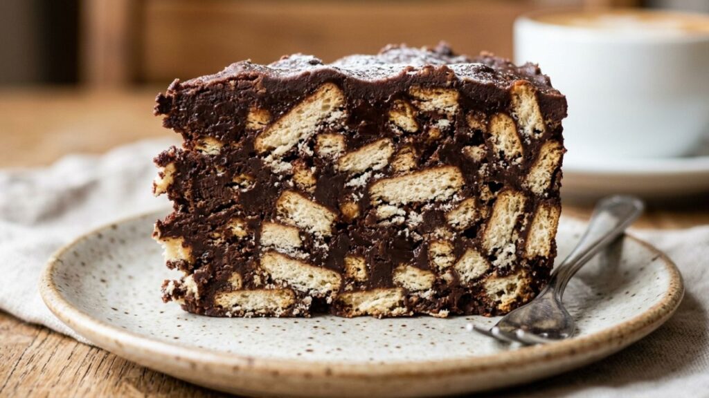 Slice of mosaic cake showing chocolate and biscuit texture.