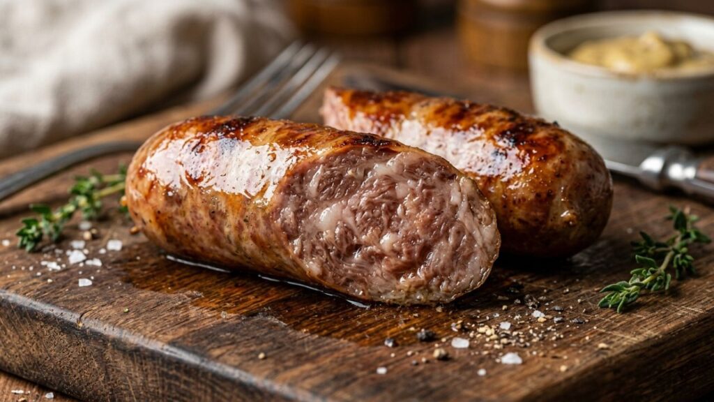 Close-up of Kurobuta sausage with rich marbling