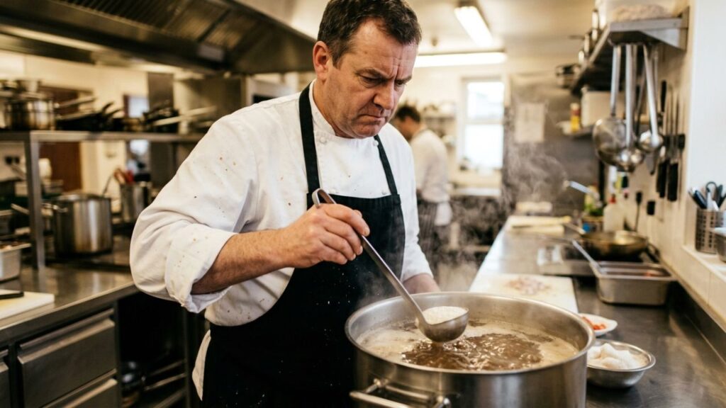 Cook holding a ladle over a pot of simmering broth, skimming foam