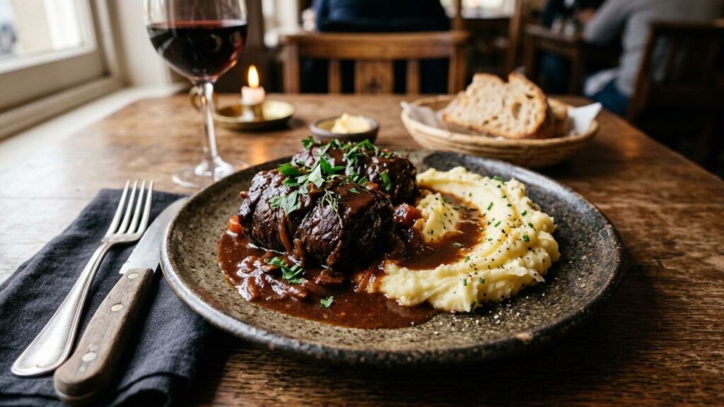 Beef cheek rolls with rich gravy and mashed potatoes.
