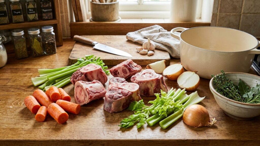 Raw beef knuckle bones with carrots, celery, and onions