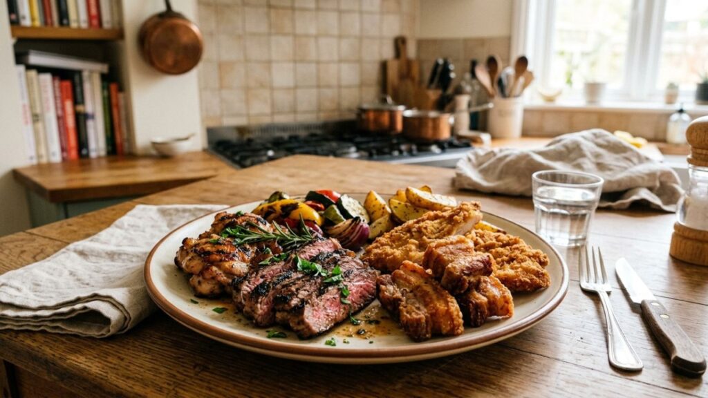 Homemade meat being cooked in a kitchen.