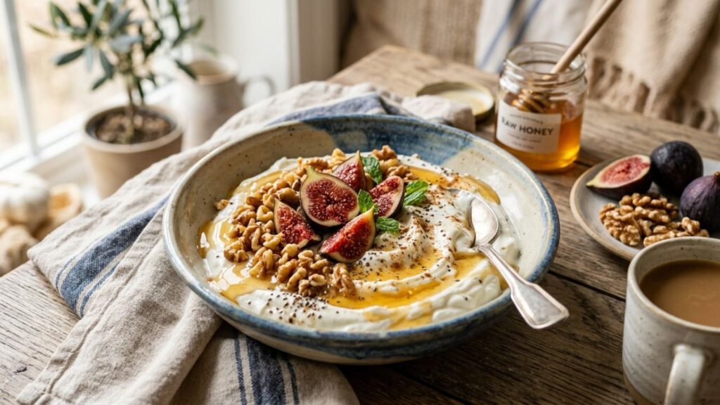 Greek yogurt with honey, walnuts, and figs in a bowl
