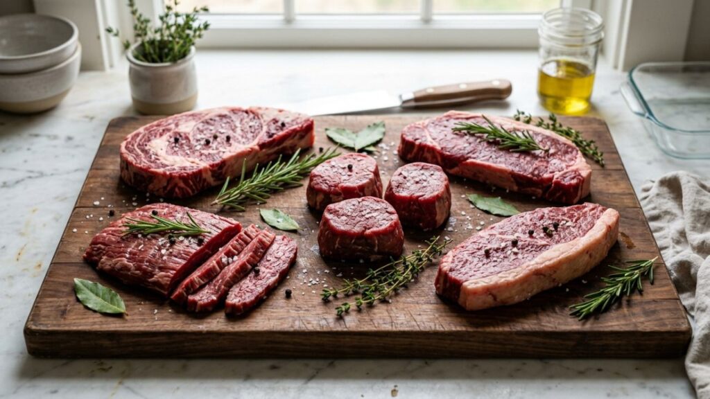 Beef cuts from a quarter cow on a kitchen counter.