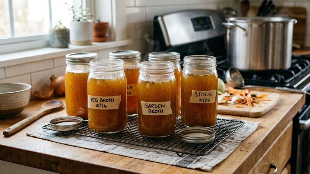 Mason jars filled with broth cooling on the counter