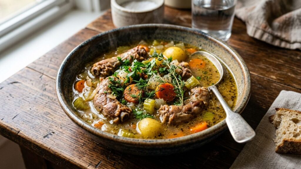 Chicken neck broth with vegetables in a bowl.