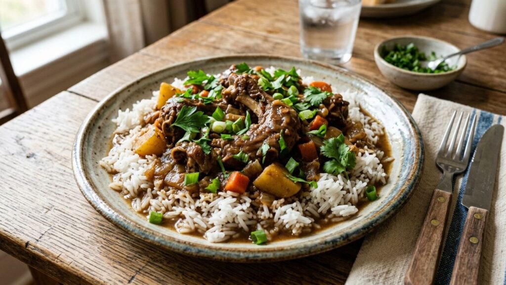 Chicken necks served over rice with parsley.
