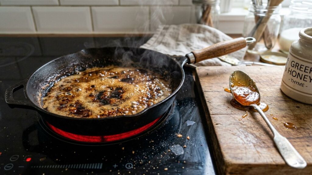 Greek honey burning in pan due to high heat