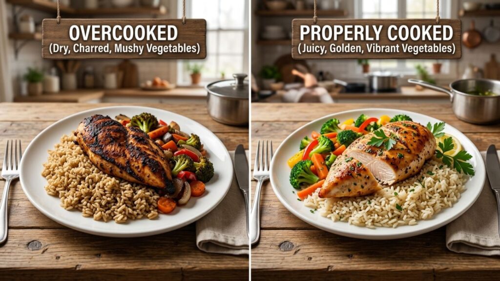 Comparison of overcooked and properly cooked chicken meals.