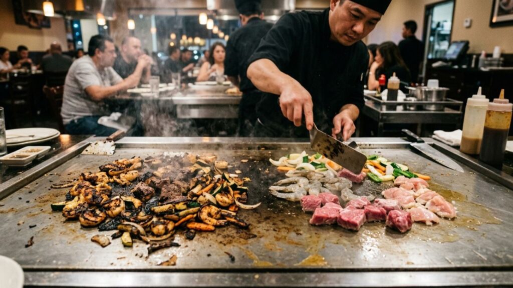 Overcooked and undercooked ingredients on a grill
