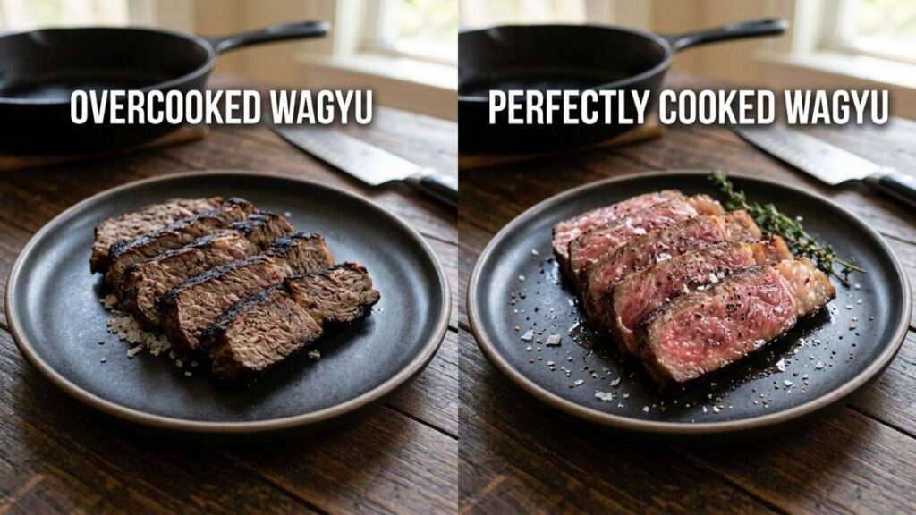 Comparison of overcooked and well-cooked Wagyu.