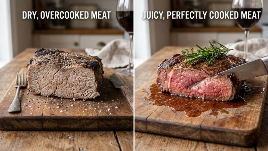  Overcooked and properly cooked meat comparison.