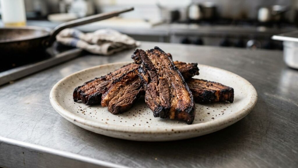 Being overcooked results in a dry and tough texture.