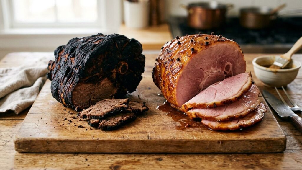 Overcooked dry ham vs. juicy, properly cooked.