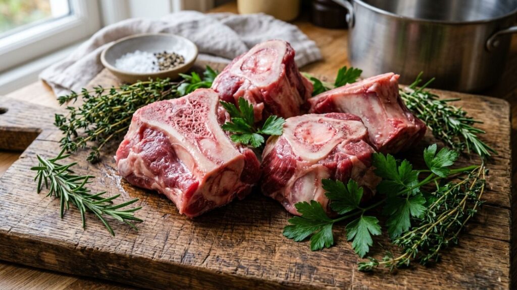 Raw beef knuckle bones on a wooden cutting board with fresh herbs
