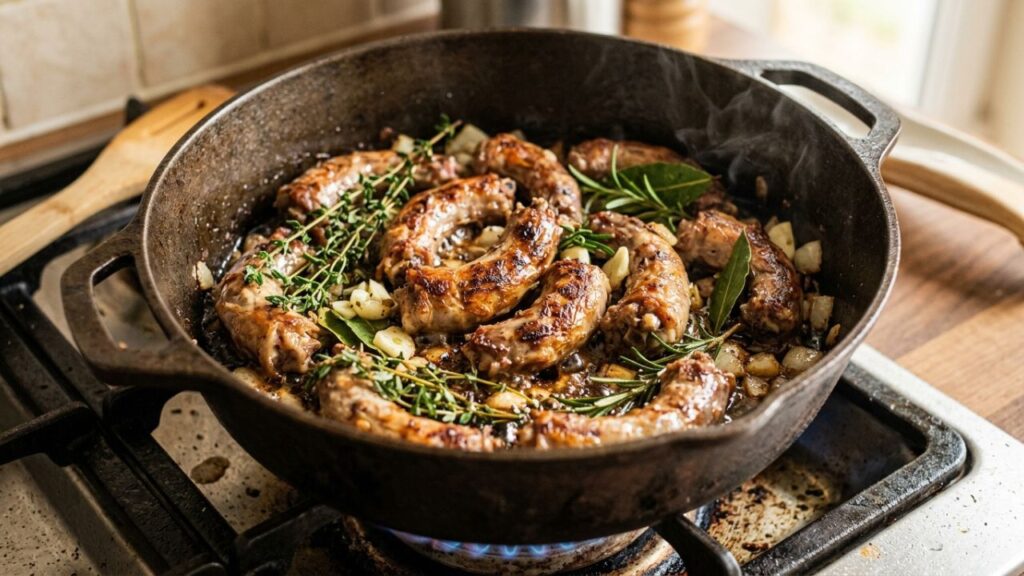 Chicken necks browning in a pot with vegetables.