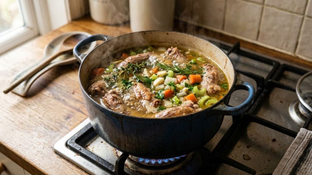 Chicken necks cooking slowly in rich homemade broth.