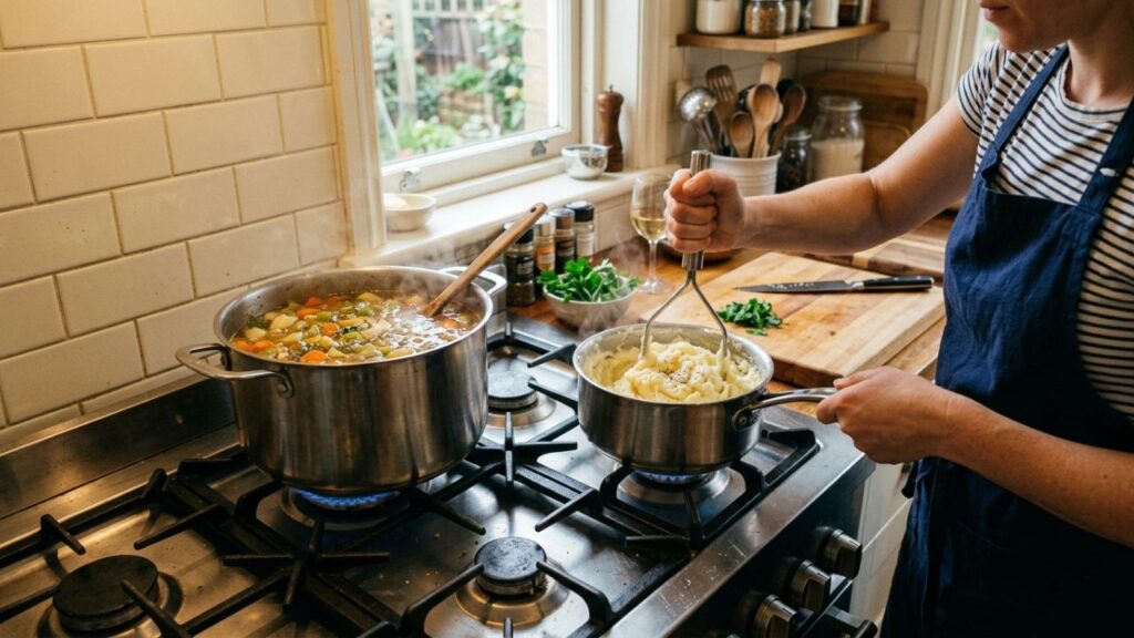 Cooking soft foods like soup and mashed potatoes in a kitchen