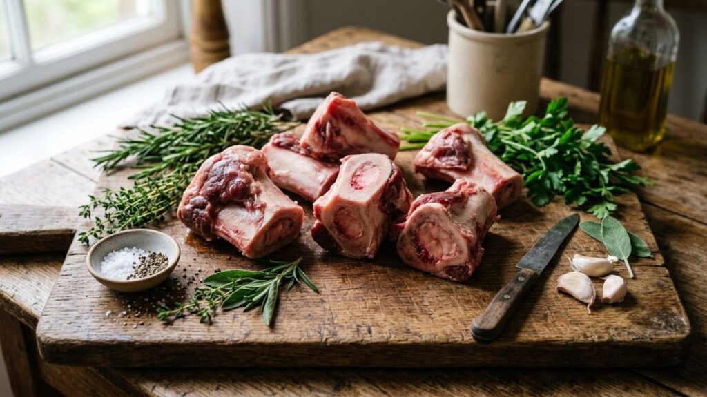 Fresh knuckle bones on a wooden board with fresh herbs