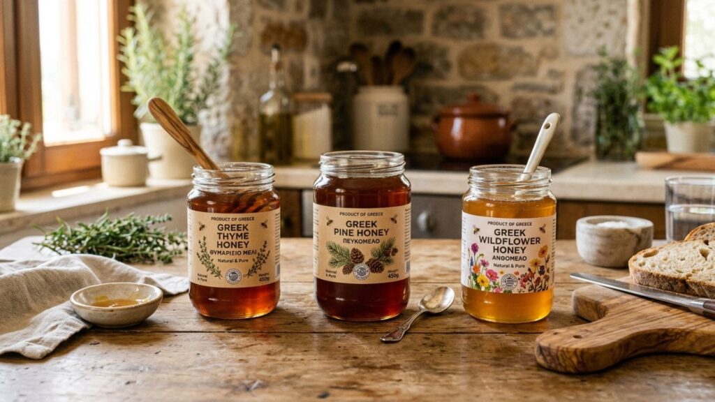 Variety of Greek honey jars including thyme and pine honey