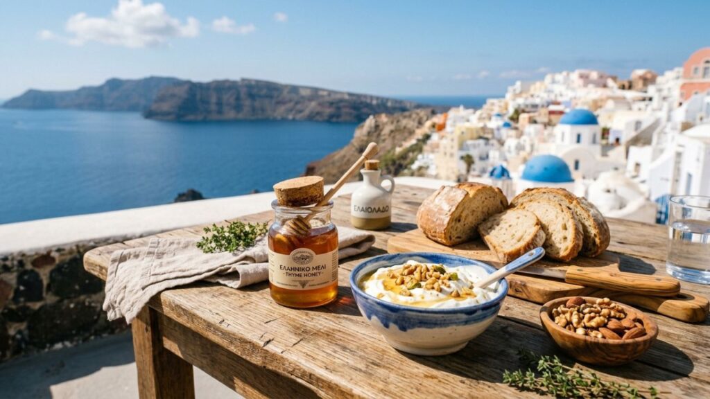 Greek honey with bread, yogurt, and nuts on wooden table