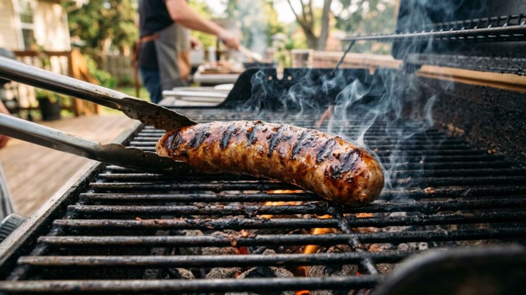 Grilled sausage with smoky char marks and a juicy, tender interior.