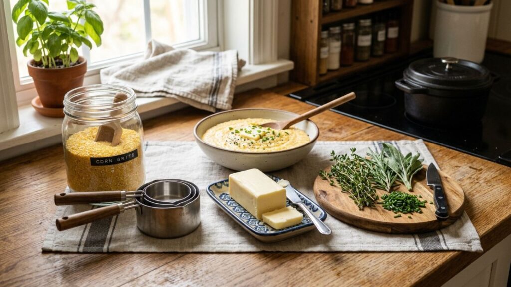  Ingredients for whole grain grits laid out on a kitchen counter
