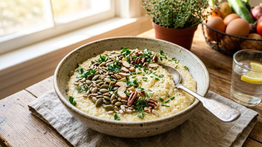  Nutritious bowl of whole grain grits with a spoon