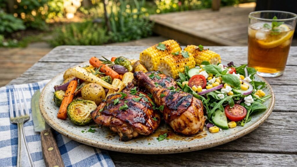 Served with vegetables and whole grains.