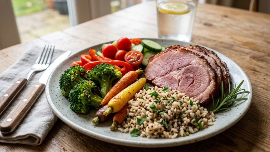 Pit ham with fresh vegetables.
