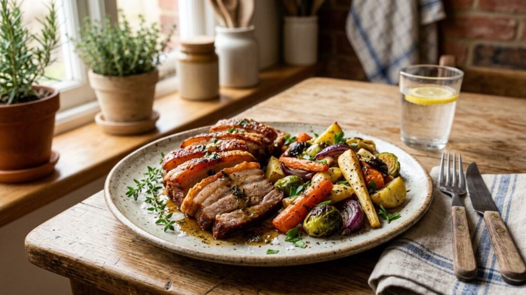 Side pork served with vegetables, showcasing its rich texture and flavor