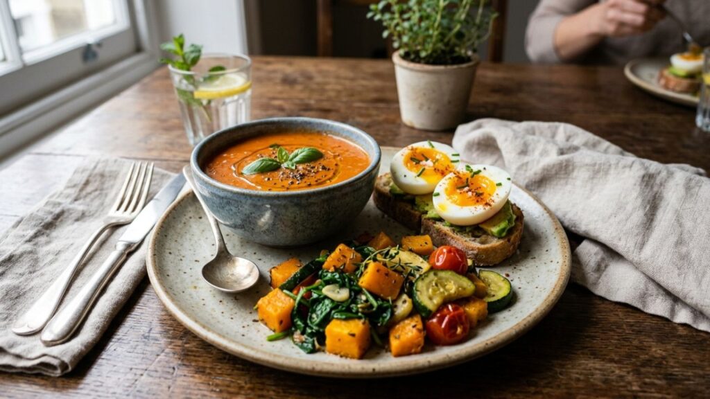 Healthy soft foods like eggs, soup, and vegetables for dentures