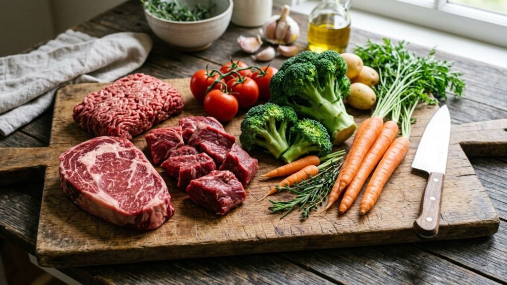 Fresh quarter cow beef cuts with vegetables on a counter.