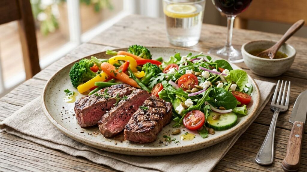  Lean meat served with fresh vegetables.