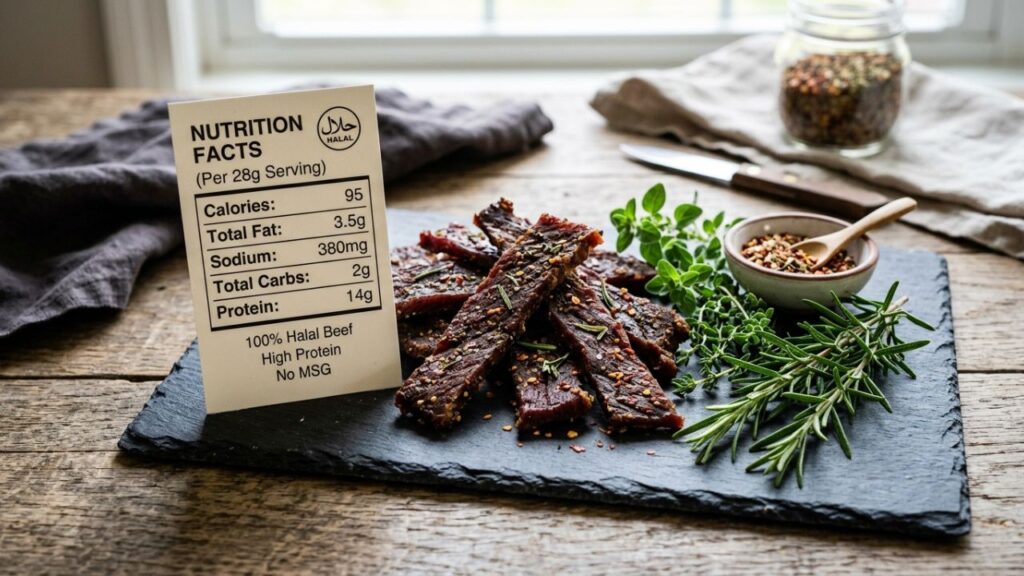  Halal beef jerky showing nutritional benefits.