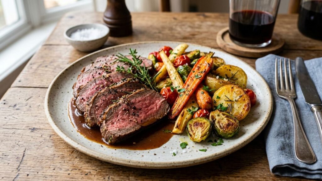 Healthy roast served with steamed vegetables.
