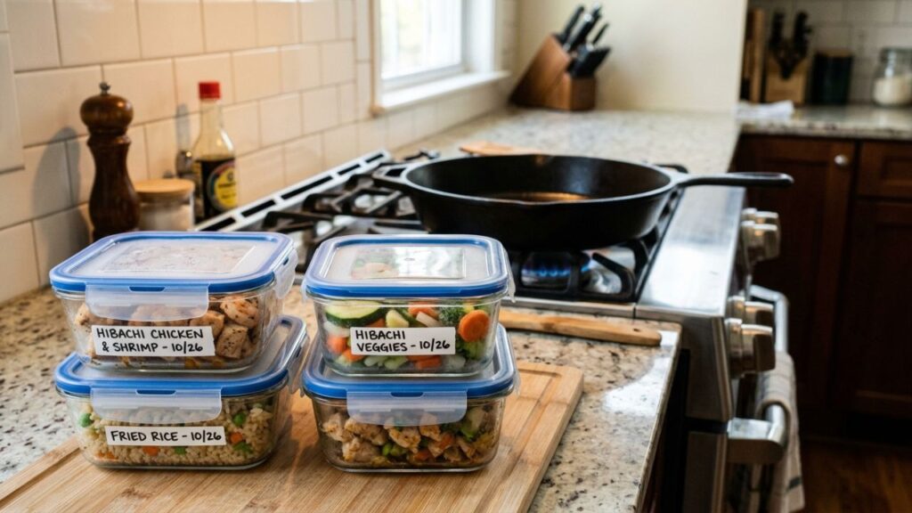Storing and reheating in containers and on a skillet
