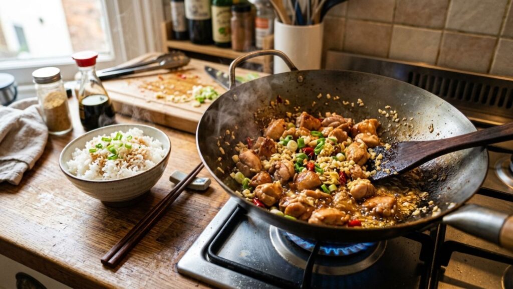 Cooking chicken with aromatics for orange rice.