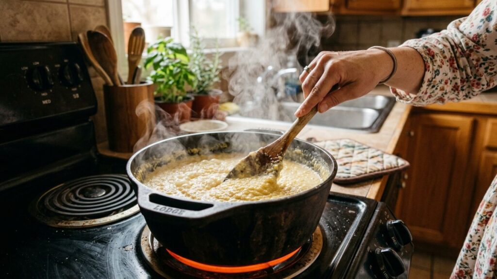  Cooking creamy whole grain grits on the stove in a pot