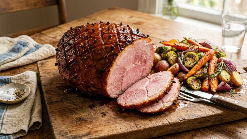 Glazed pit ham on a wooden cutting board with roasted vegetables.