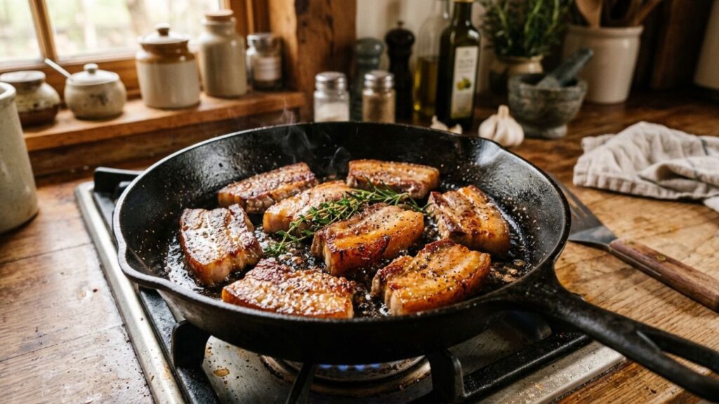 Golden brown pan-seared side pork slices, juicy and tender texture