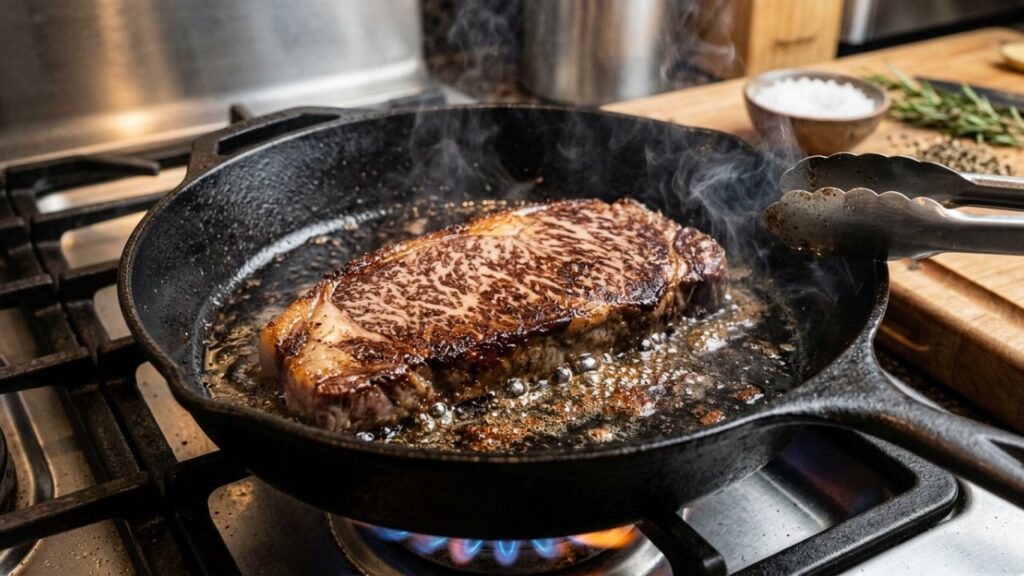 steak cooking in a cast-iron skillet.