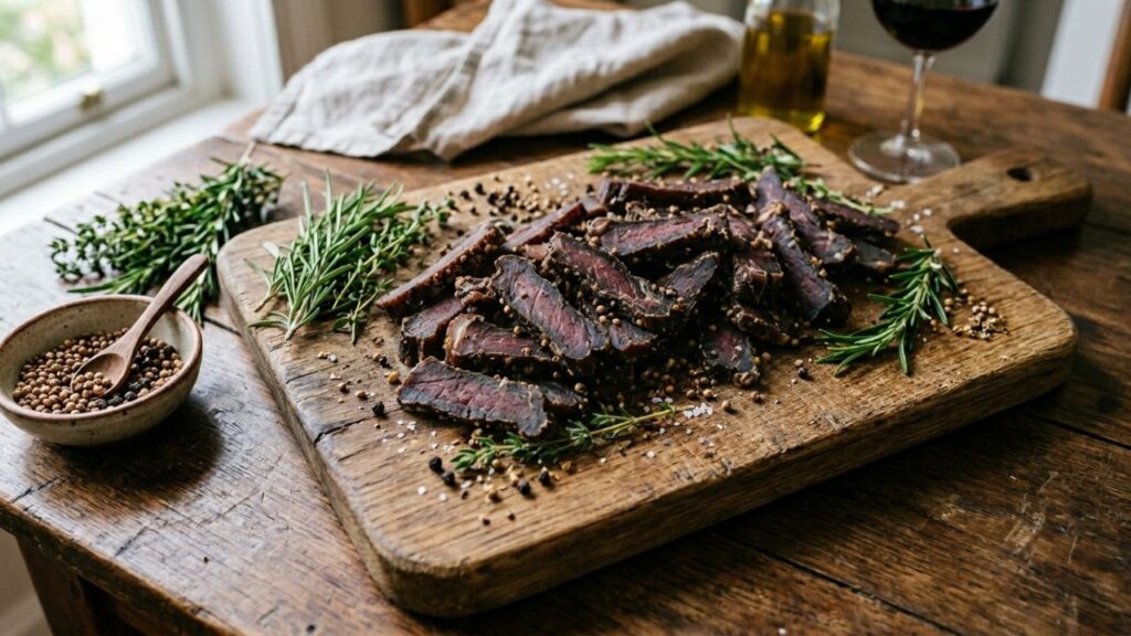 Homemade biltong food recipes with sliced biltong on board