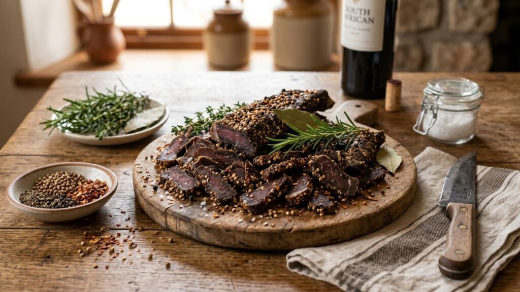 Ingredients for biltong food recipes on kitchen table