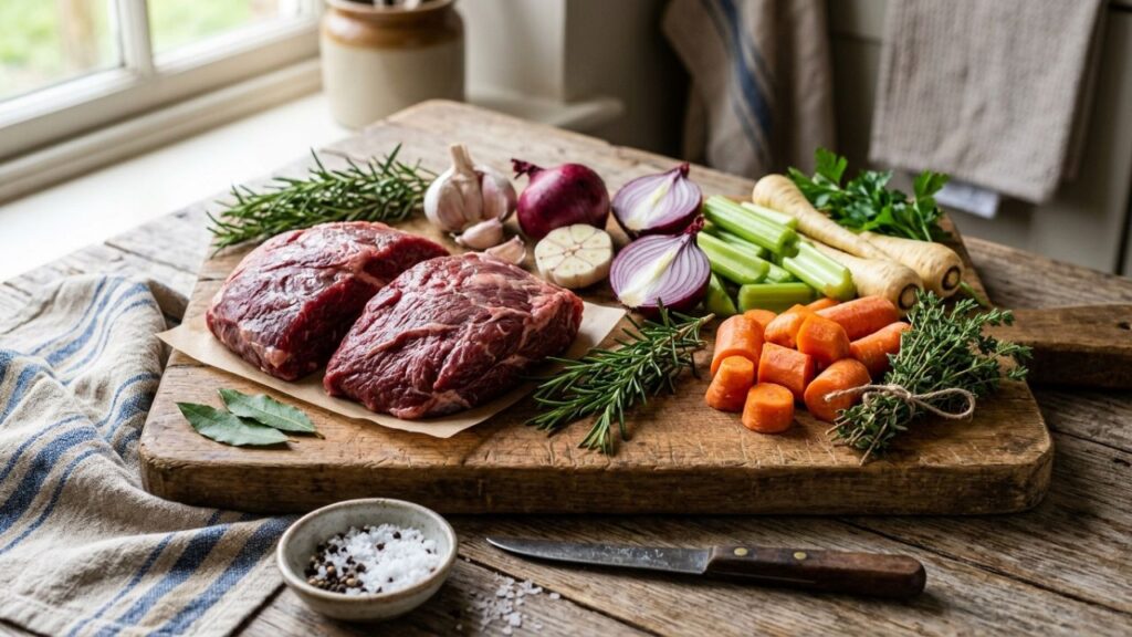 Raw beef cheeks and fresh ingredients